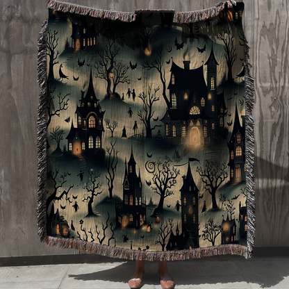Haunted Mansion Halloween Woven Throw Gothic Castle Blanket for Spooky Fall & Cozy Home Decor