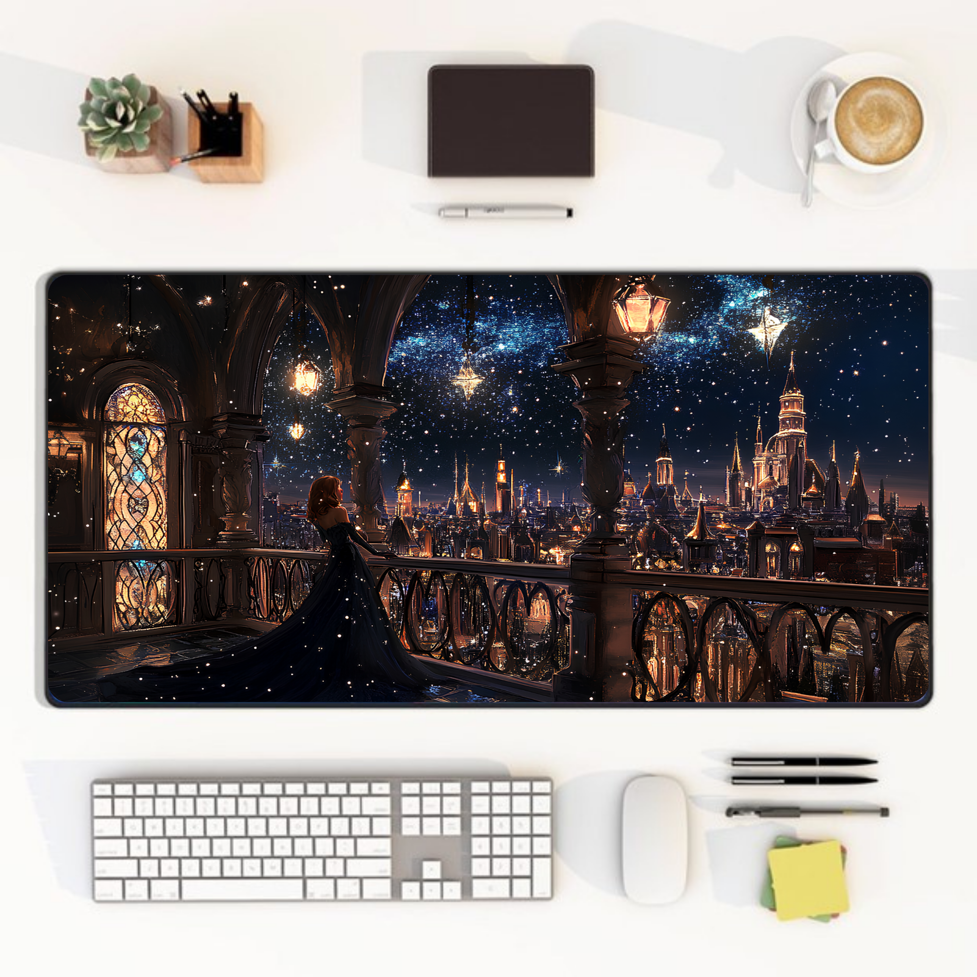 Fantasy city nightscape desk mat with Velaris-inspired castle