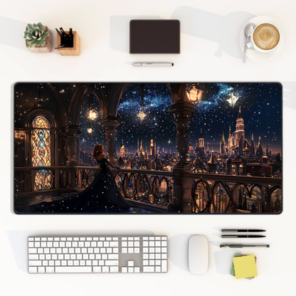 Fantasy city nightscape desk mat with Velaris-inspired castle