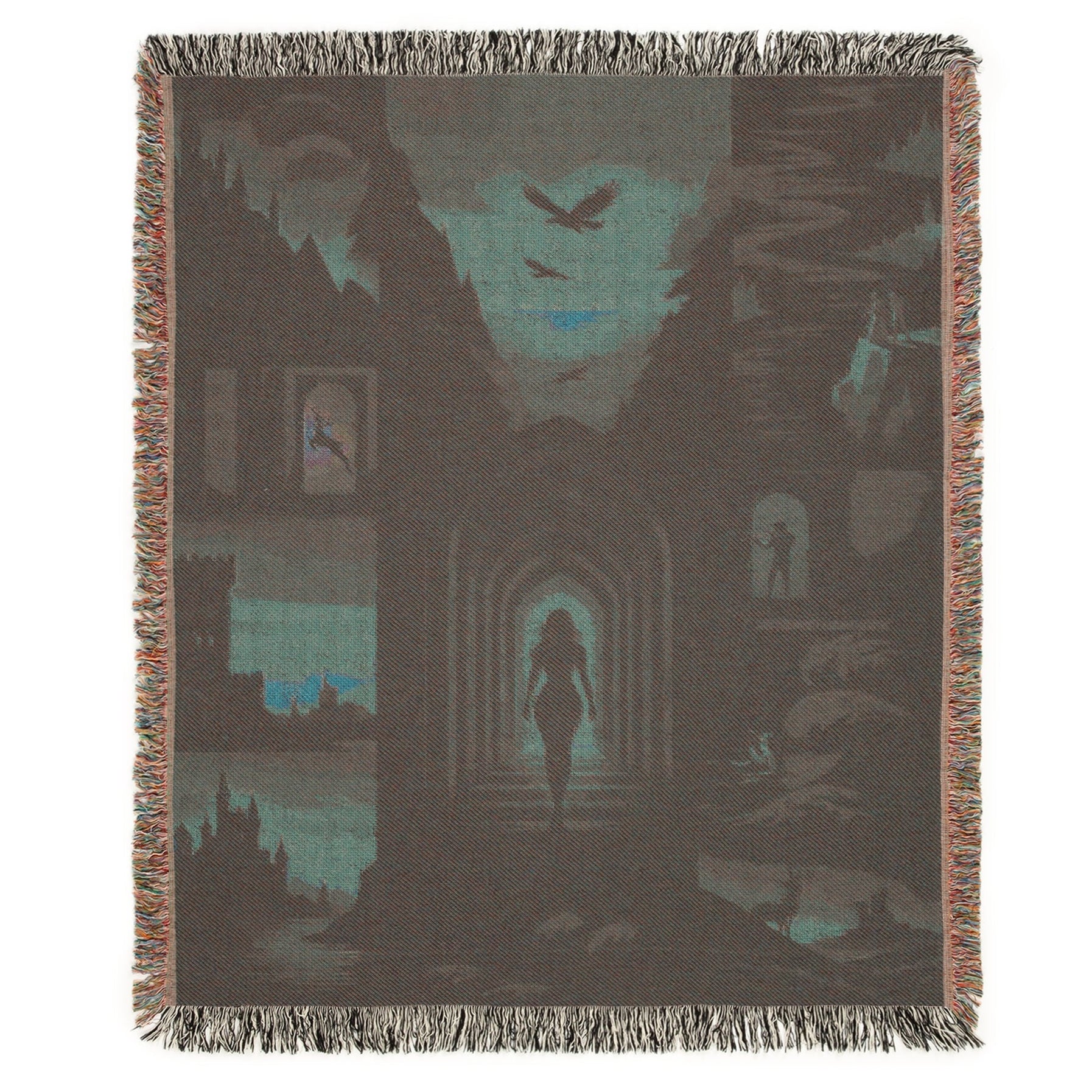 Fantasy-inspired cozy throw blanket styled with candles and vintage books