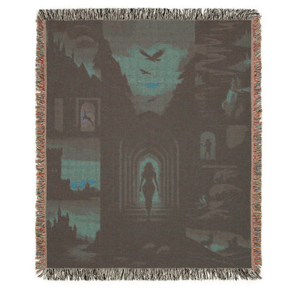 Fantasy-inspired cozy throw blanket styled with candles and vintage books
