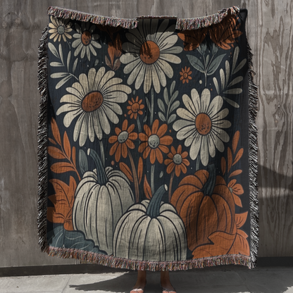 Pumpkin Patch Daisy Woven Throw Blanket Cozy Farmhouse Fall Blanket for Bed, Sofa & Autumn Decor