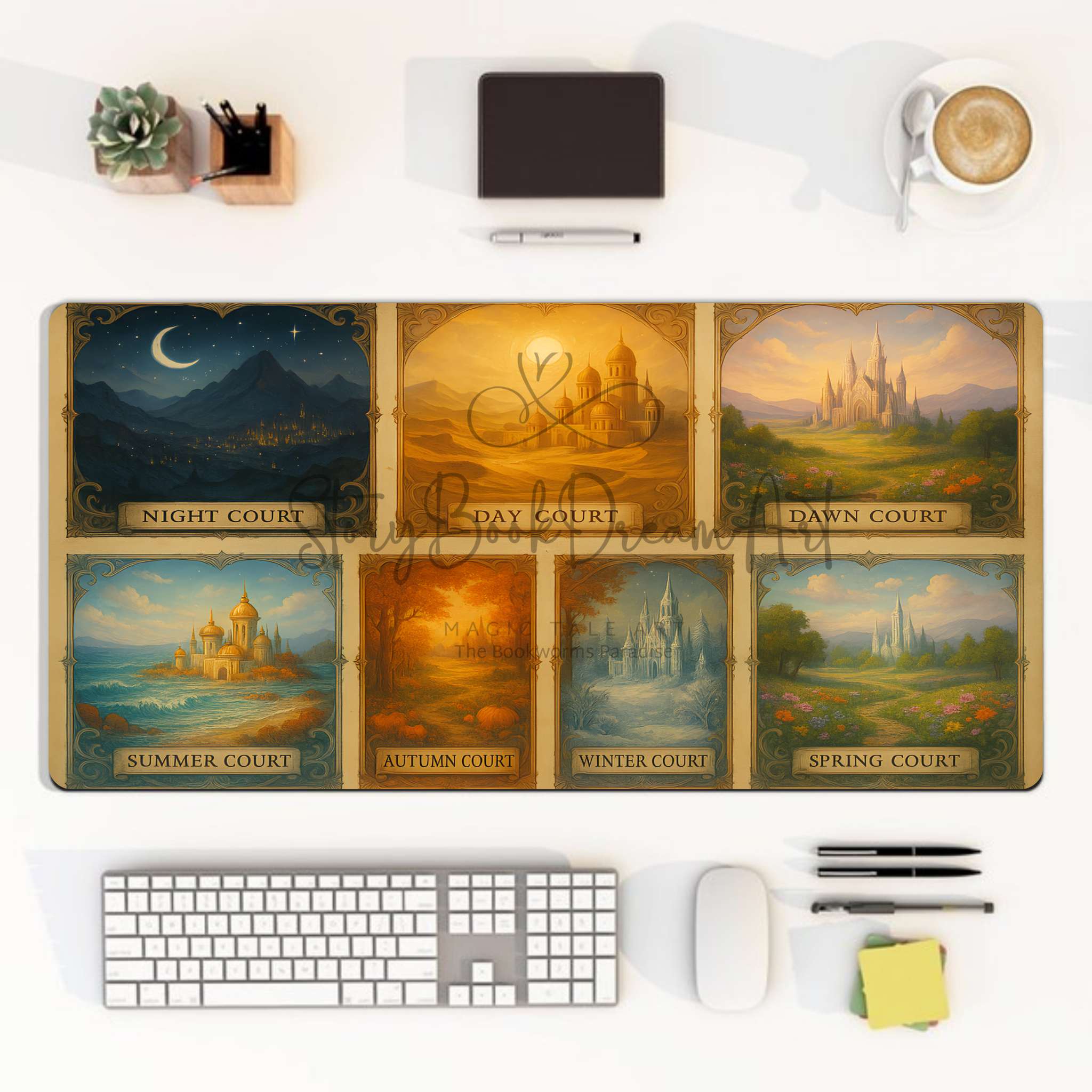 fantasy seven courts desk mat with night sky mountains design, dreamy day court golden palace large mouse pad