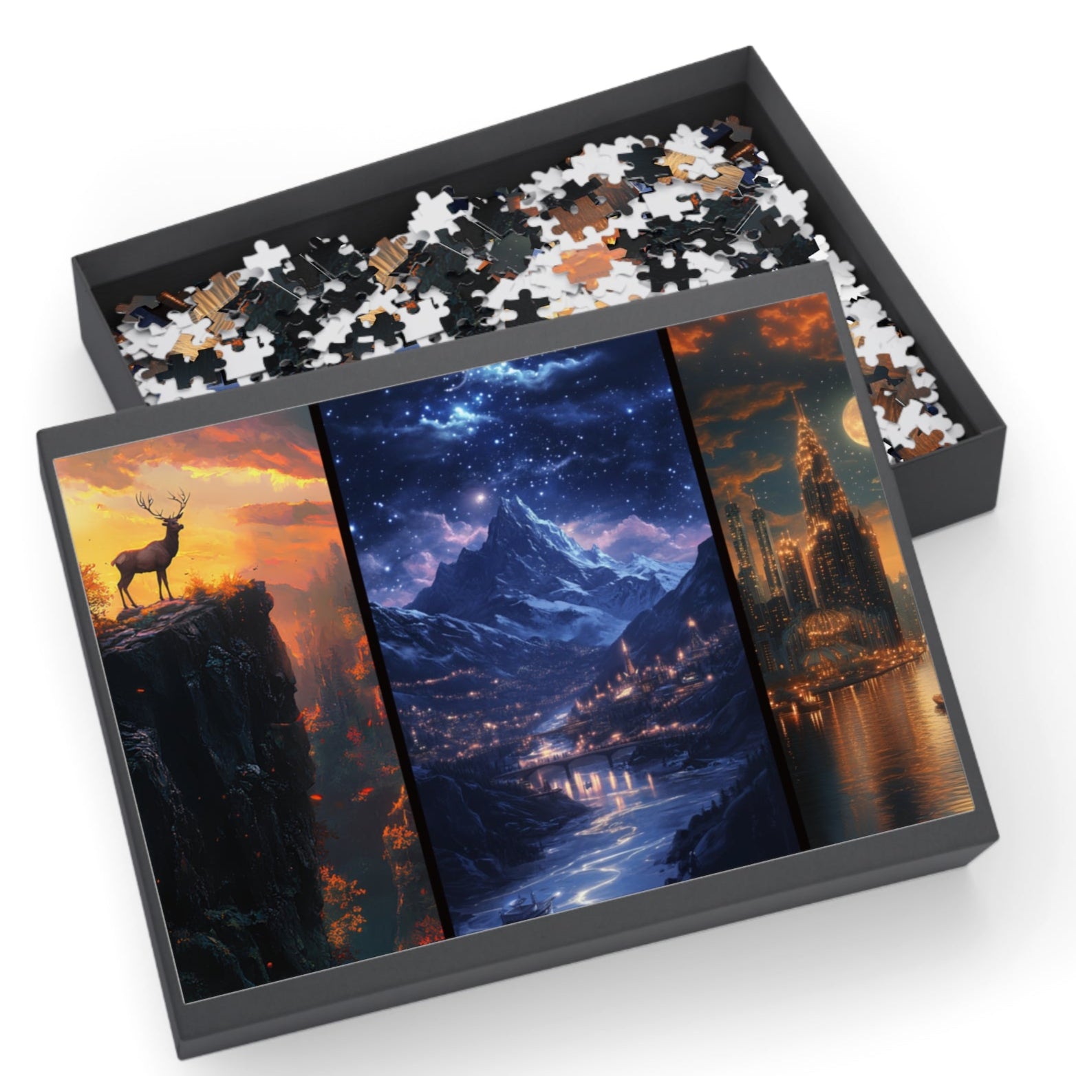 Majestic Fantasy Stag & Starry City Puzzle – Scenic Mountain Nightscape Jigsaw for Adults & Gifts