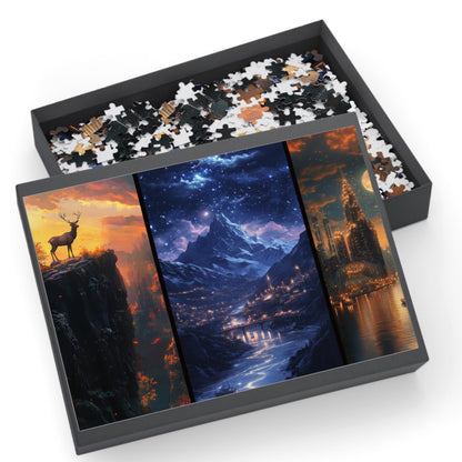 Majestic Fantasy Stag & Starry City Puzzle – Scenic Mountain Nightscape Jigsaw for Adults & Gifts
