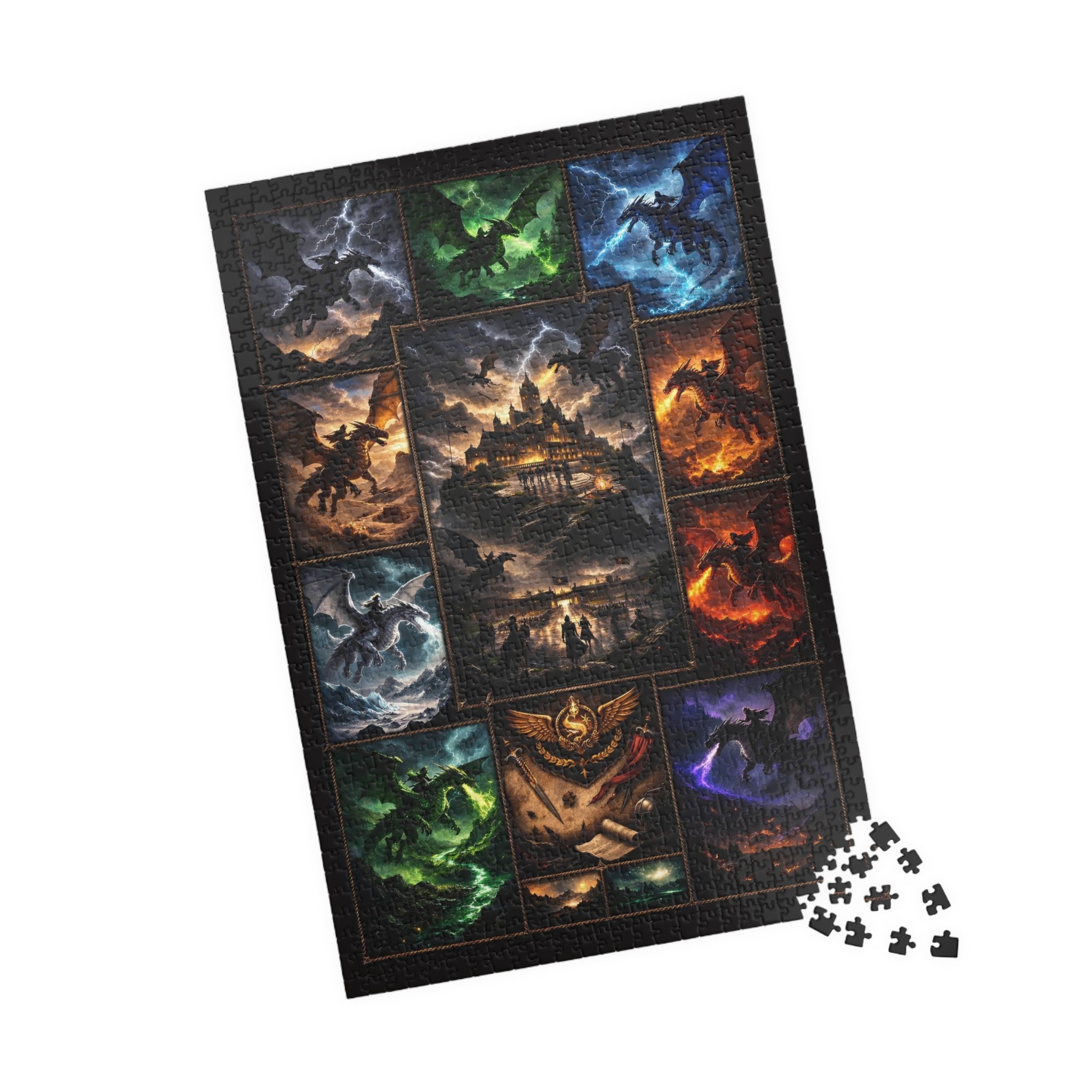 adult assembling dragon artwork puzzle, fantasy academy dragon art close up, detailed dragon battle puzzle pieces