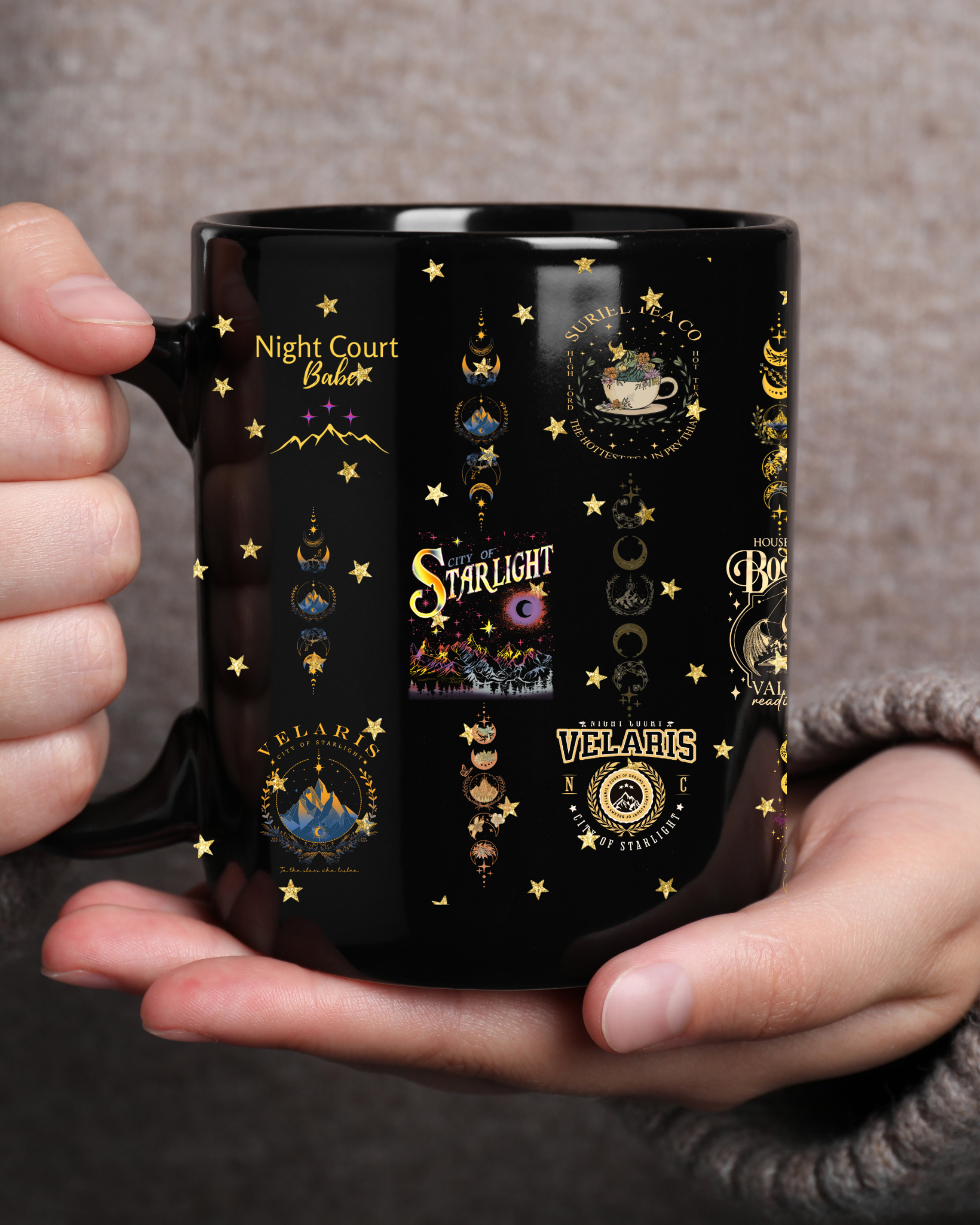 black celestial fantasy mug for book lovers, glossy coffee cup with gold stars, cozy reading mug with celestial design, black ceramic mug for readers
