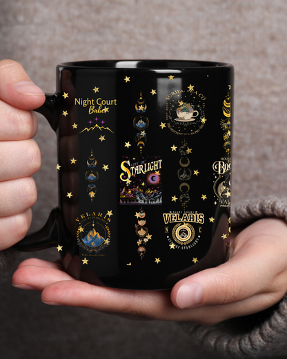 black celestial fantasy mug for book lovers, glossy coffee cup with gold stars, cozy reading mug with celestial design, black ceramic mug for readers
