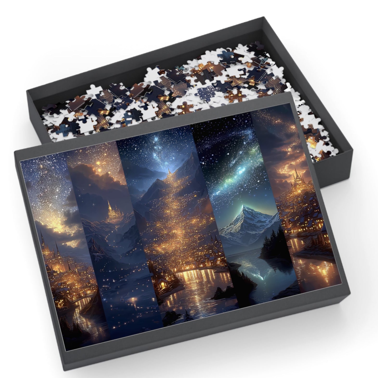 ACOTAR Velaris City of Starlight puzzle artwork, fantasy starlit city puzzle glowing skyline