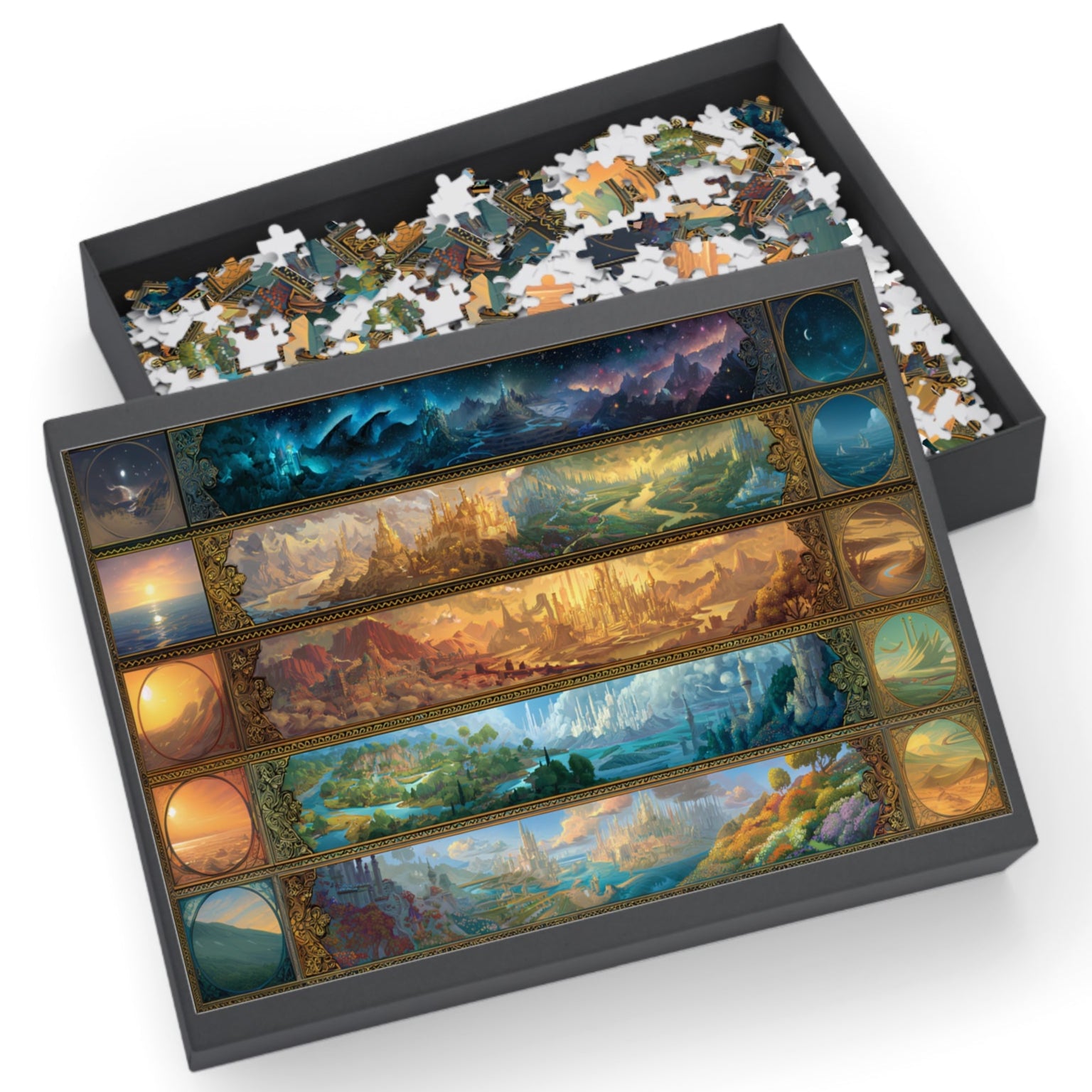 Fantasy Realms Puzzle 7 Court Elemental Jigsaw with Castles, Whimsical Magical Gift for Book Lovers
