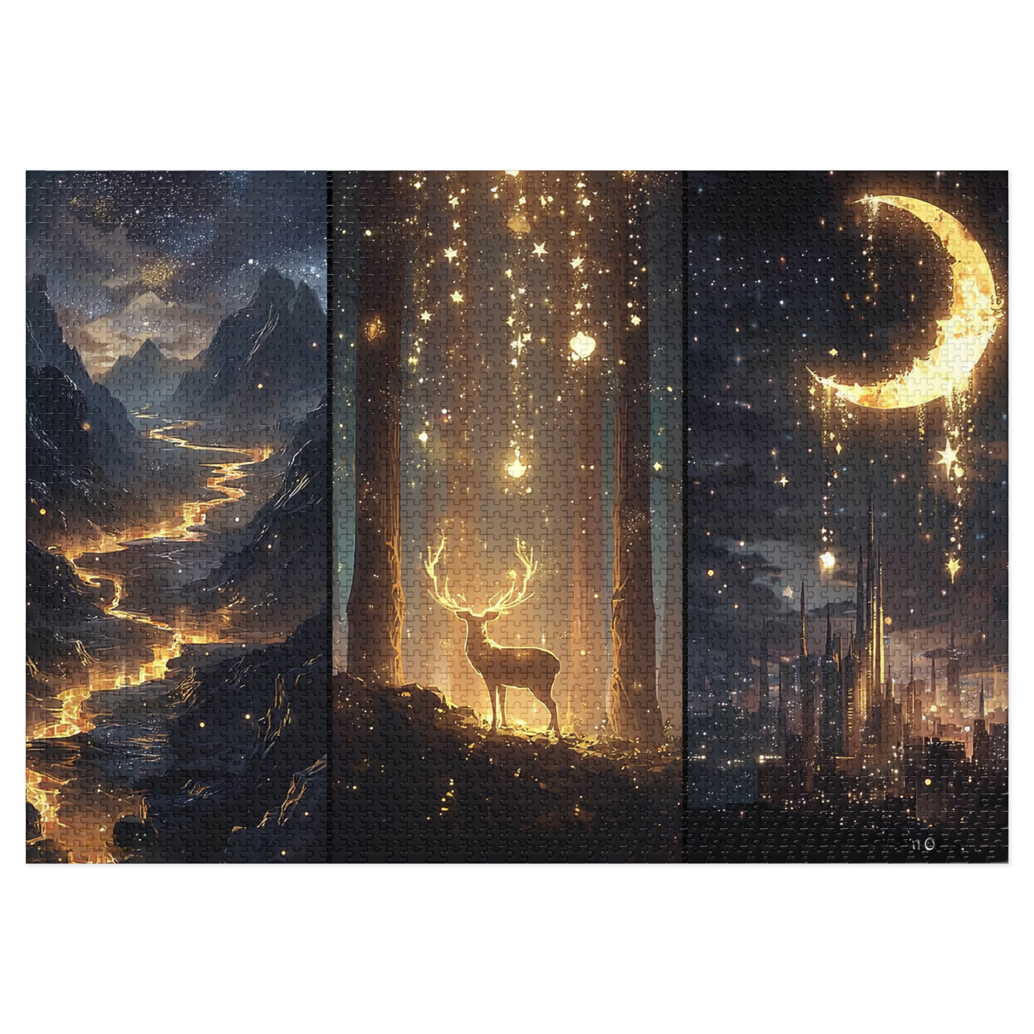Fantasy stag puzzle with enchanted forest and glowing stars inspired by Sarah J. Maas romantasy worlds
