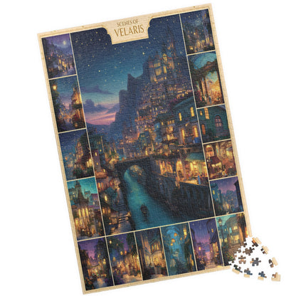 fantasy city of starlight jigsaw puzzle glowing night scene, cozy fantasy puzzle gift for book lovers, magical city art jigsaw puzzle under warm lights, collectible fantasy puzzle for cozy home décor