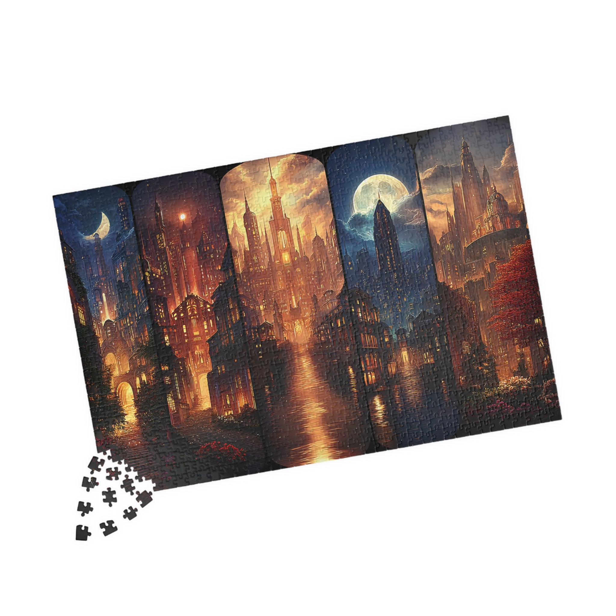 Scenes of Crescent City Fantasy Puzzle | Mystical Skyline Jigsaw with Moonlit Towers & River Lights