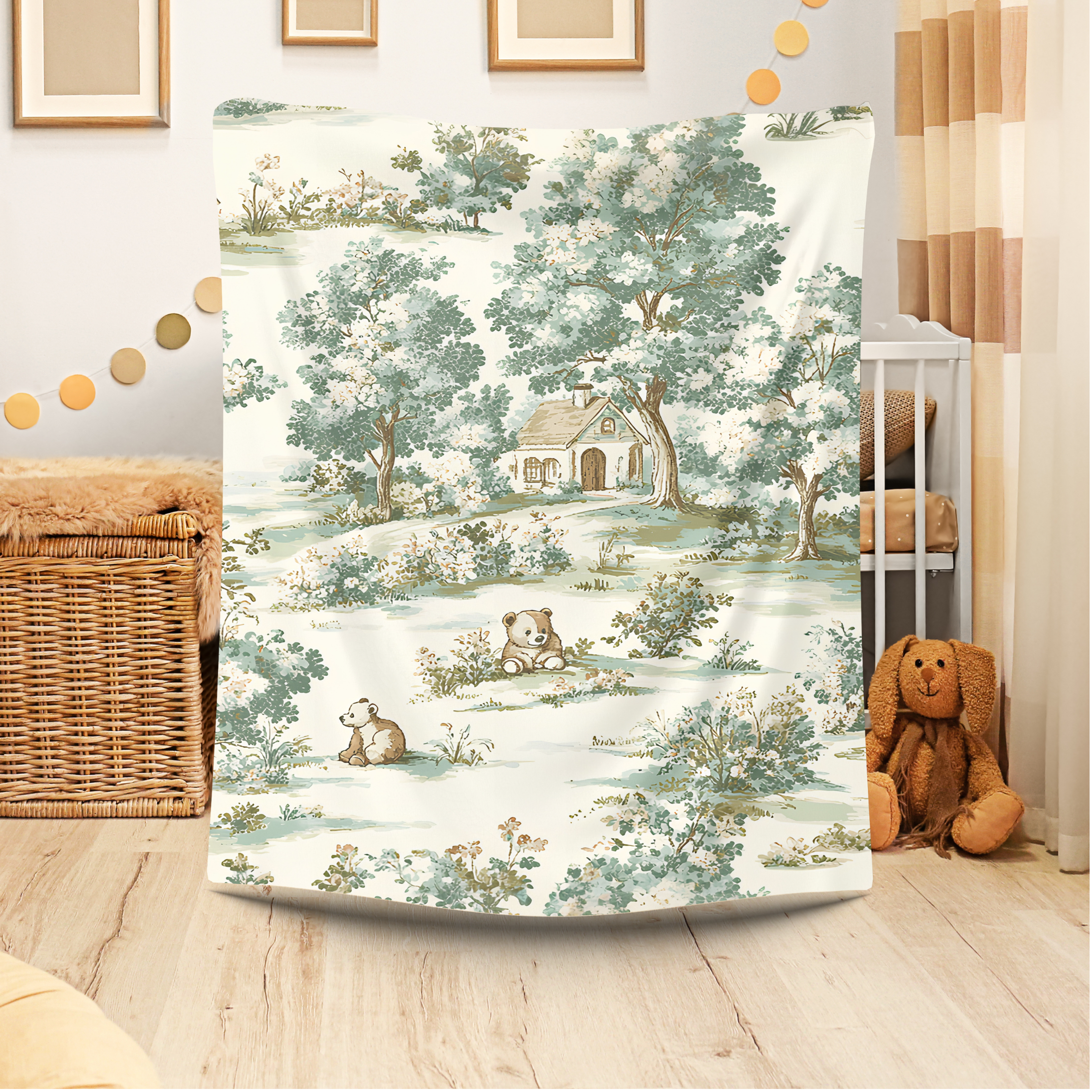 vintage toile print blanket for families, cozy gift blanket with bear and cottage pattern