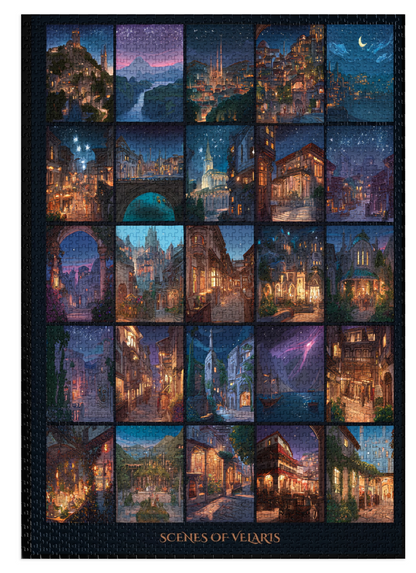 collectible fantasy puzzle gift box, whimsical fantasy world puzzle, dreamy starlight city jigsaw art