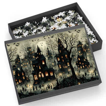 Haunted Halloween Village Puzzle – Spooky Ghost Town Jigsaw for Fall, Cozy Decor & Family Fun