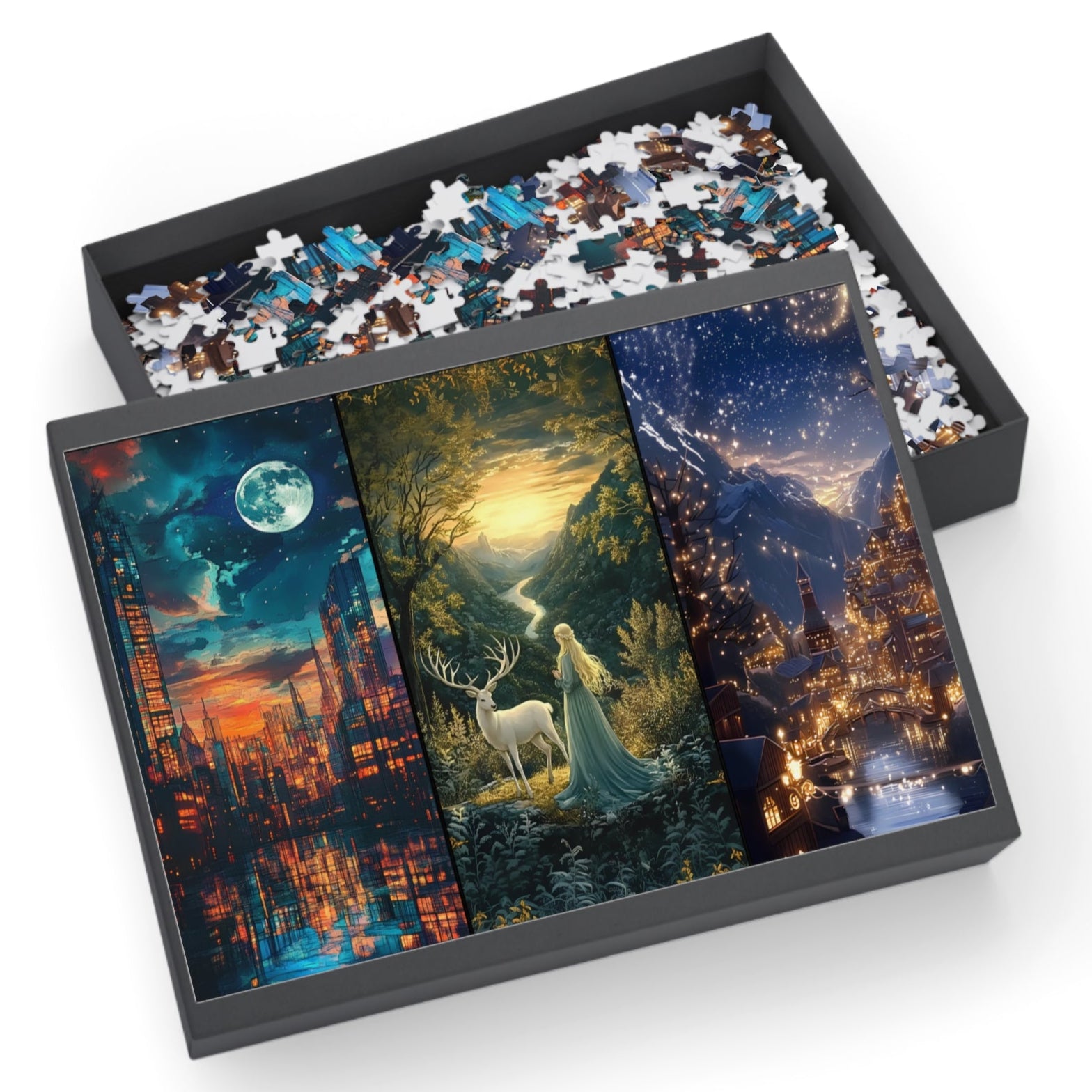 Fantasy Triptych Jigsaw Puzzle for Adults | Forest Deer, Moonlit City & Starry Village Art