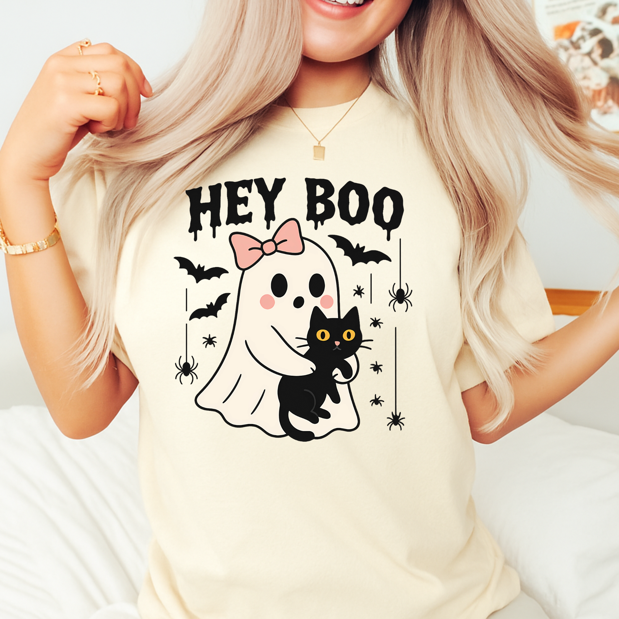 Hey Boo Ghost Shirt with Cat | Cute Halloween Tee for Women | Pastel Spooky Season Fall T-Shirt