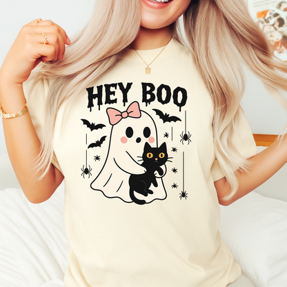 Hey Boo Ghost Shirt with Cat | Cute Halloween Tee for Women | Pastel Spooky Season Fall T-Shirt