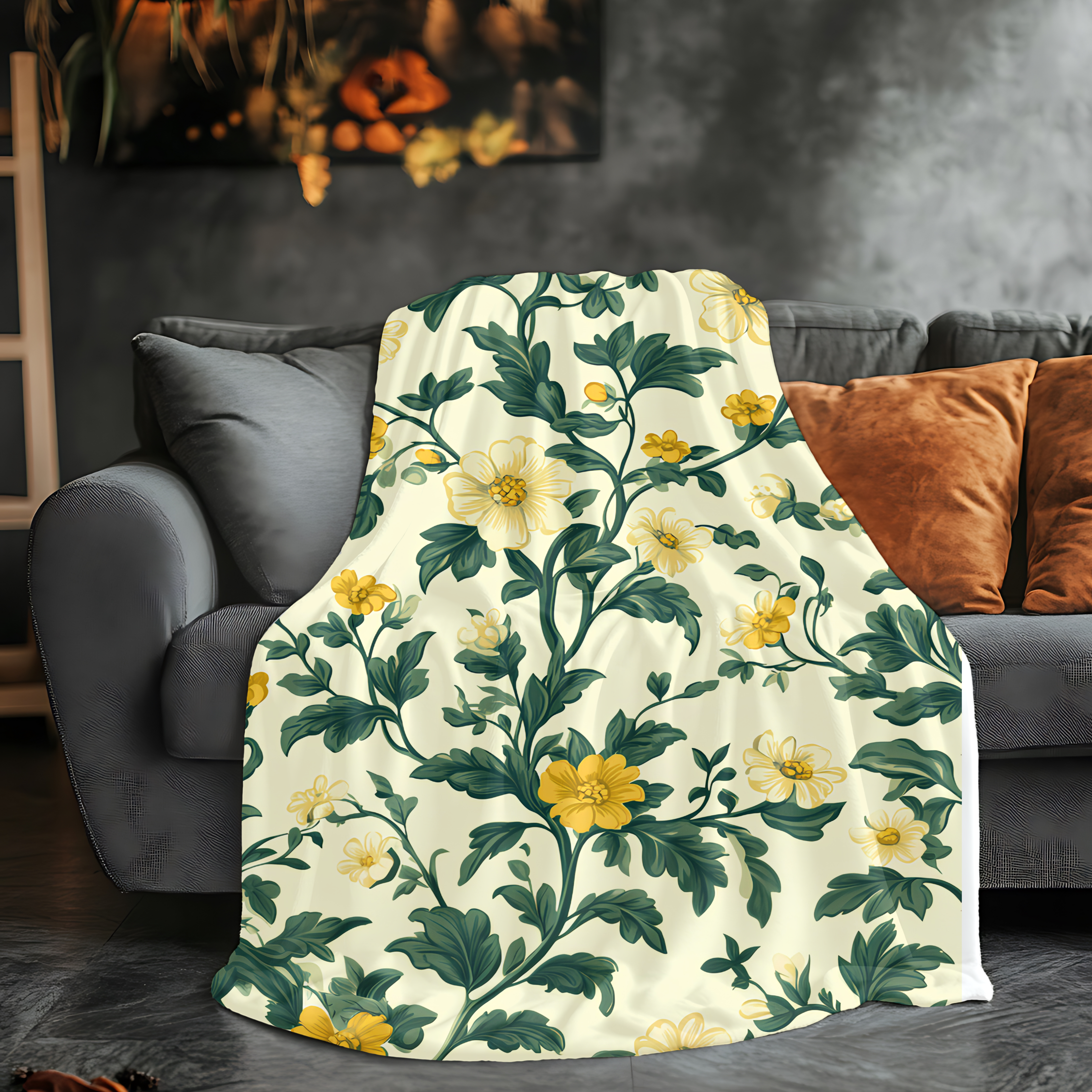 cottagecore botanical throw blanket for book lovers, floral fleece blanket accenting bedroom décor, vintage floral sofa throw in soft yellow tones