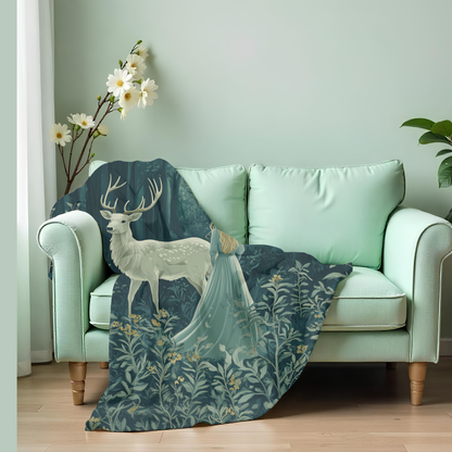 Fairytale blanket depicting a brave woman and deer in deep woods,
Fantasy woodland decor throw with glowing forest background,