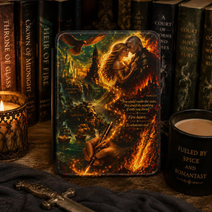 Gold and emerald fantasy map Kindle case with Aelin and Rowan embracing in firelight