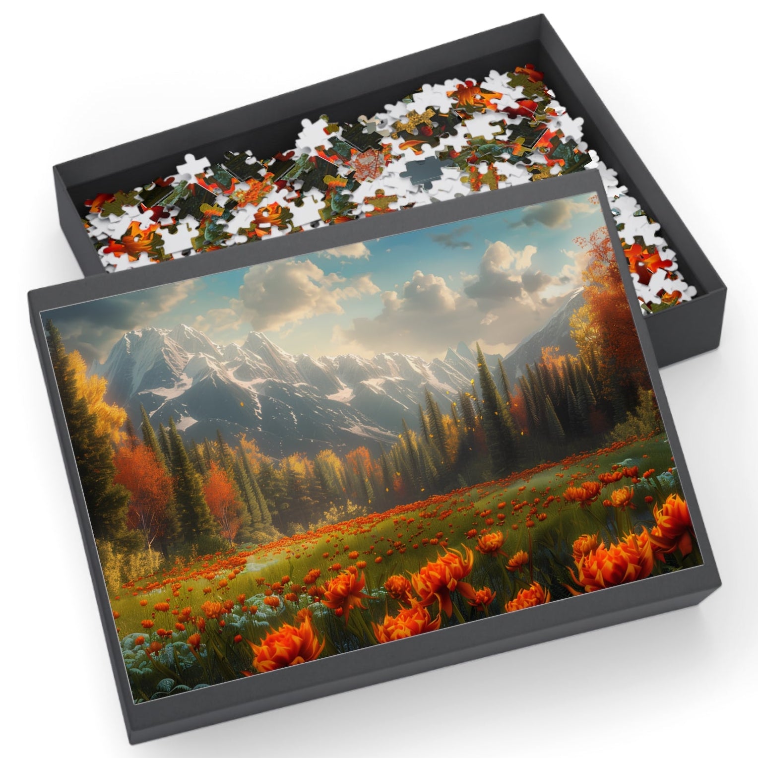 mountain meadow jigsaw puzzle with orange flowers and snow peaks,

scenic nature landscape puzzle for adults with autumn trees