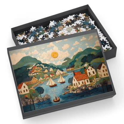 Norwegian Folk Art Puzzle | Nordic Village Jigsaw in William Morris Style | Cozy Scenic Gift for Her or Mom