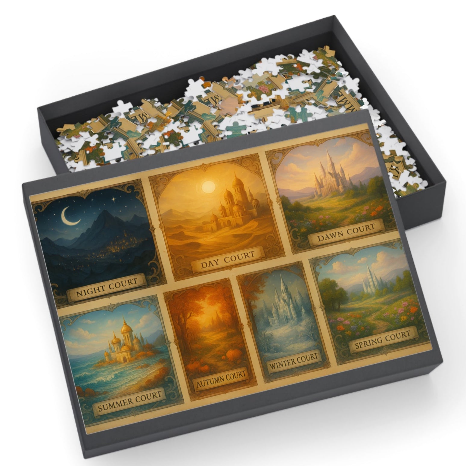 Fantasy Seasonal Courts Jigsaw Puzzle – 7 Magical Realms with Castles, Mystical Puzzle Gift for Her