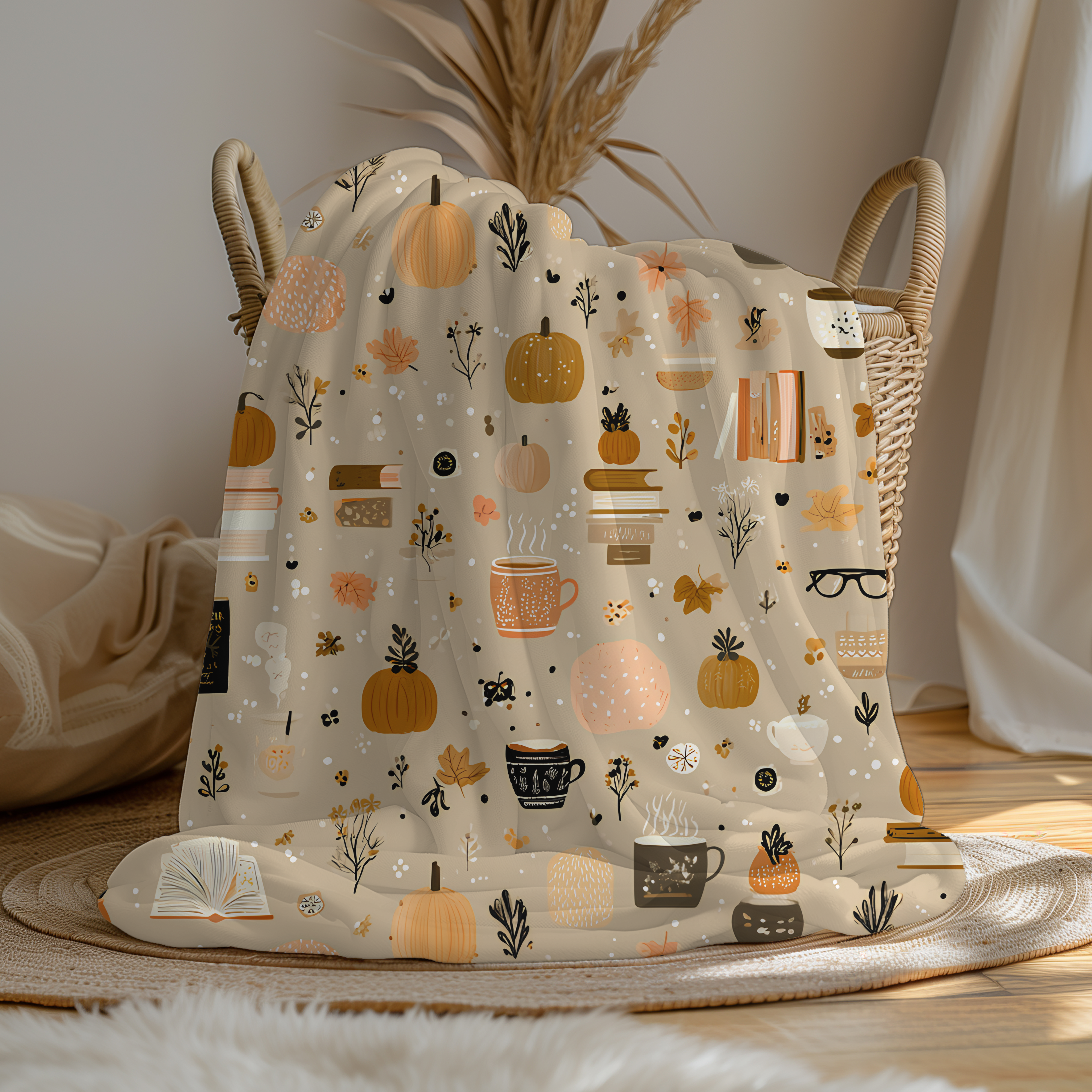 Cozy Velveteen Fall Blanket with Pumpkins Coffee Books Floral | Cottagecore Neutral Home Throw