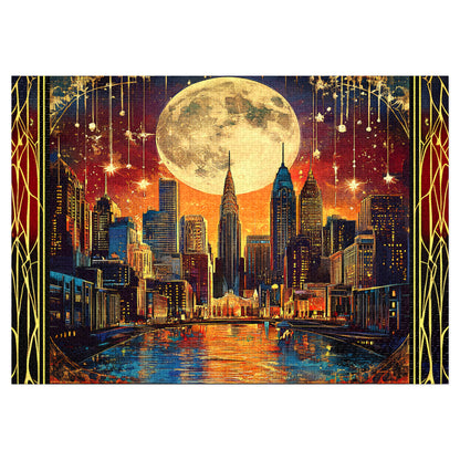 Midnight City Skyline Jigsaw Puzzle – Art Deco New York Puzzle Gift for Adults, Moonlit Wall Decor