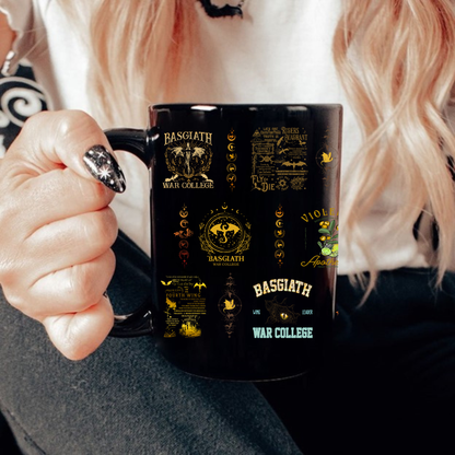 cozy coffee cup for readers and writers, fantasy-inspired black ceramic mug, romantasy quote coffee mug on desk