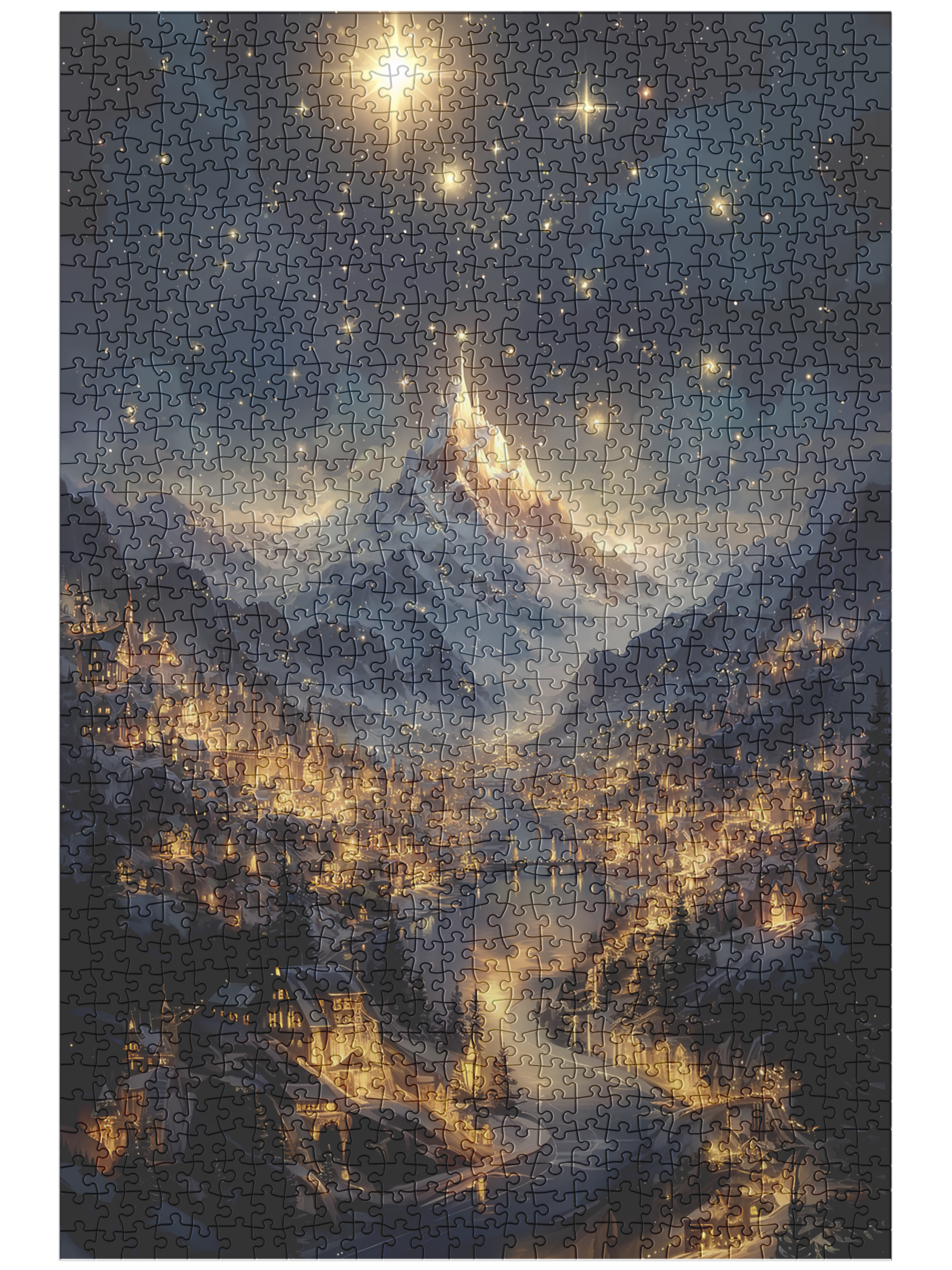 Fantasy Christmas Village Jigsaw Puzzle – Starry Night Snowy Mountain Town Holiday Gift