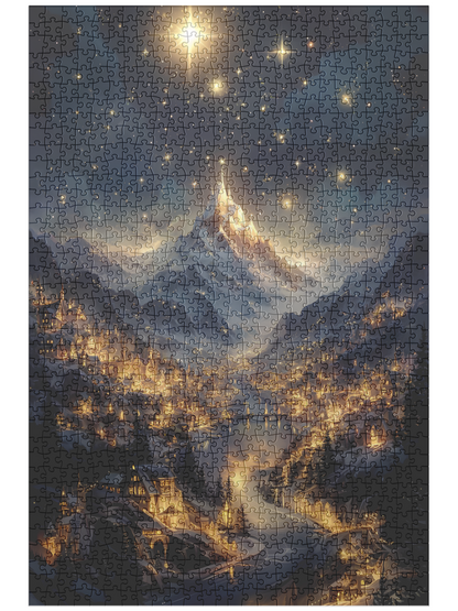 Fantasy Christmas Village Jigsaw Puzzle – Starry Night Snowy Mountain Town Holiday Gift
