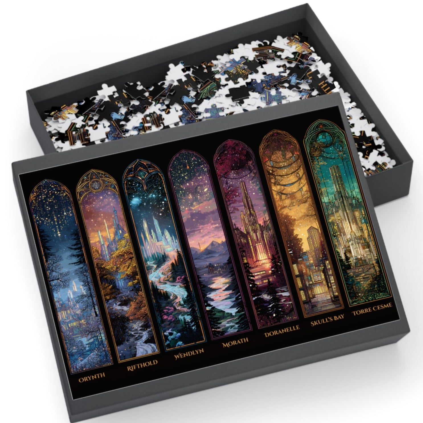 Scenes of Throne of Glass fantasy jigsaw puzzle featuring iconic cities,
Fantasy puzzle of multiple magical cities from Throne of Glass series,