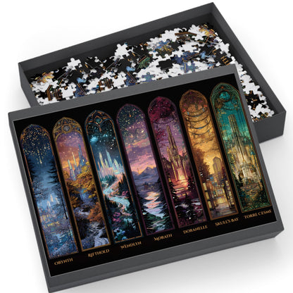 Scenes of Throne of Glass fantasy jigsaw puzzle featuring iconic cities,
Fantasy puzzle of multiple magical cities from Throne of Glass series,