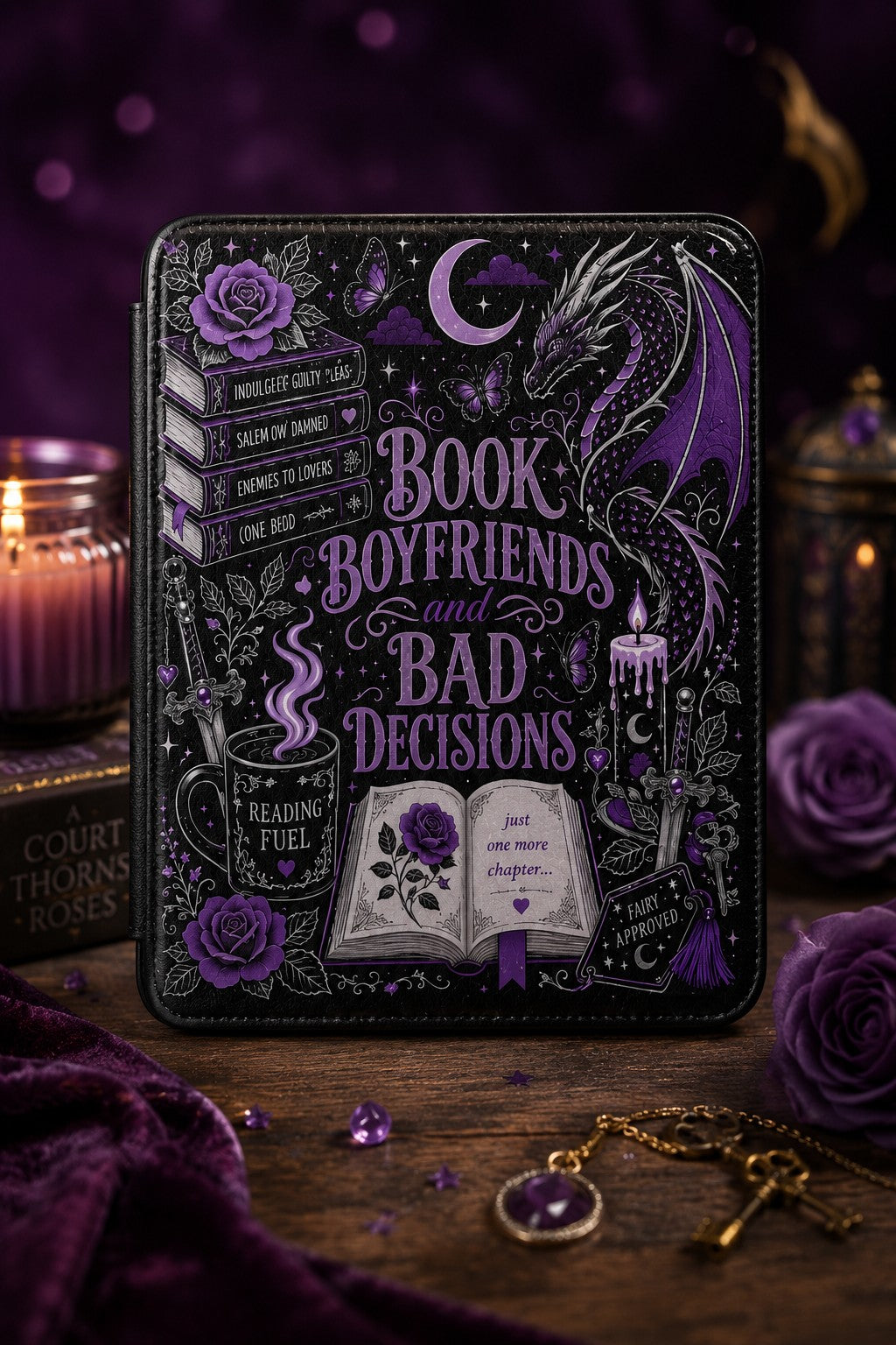Purple dragon coiled over moonlit roses and candlelight on a black Saffiano leather Kindle case