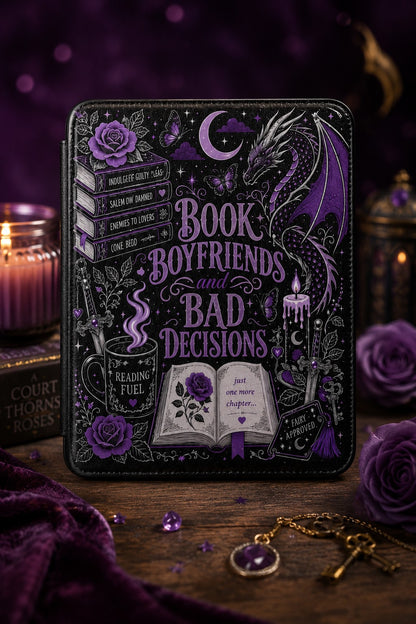 Purple dragon coiled over moonlit roses and candlelight on a black Saffiano leather Kindle case
