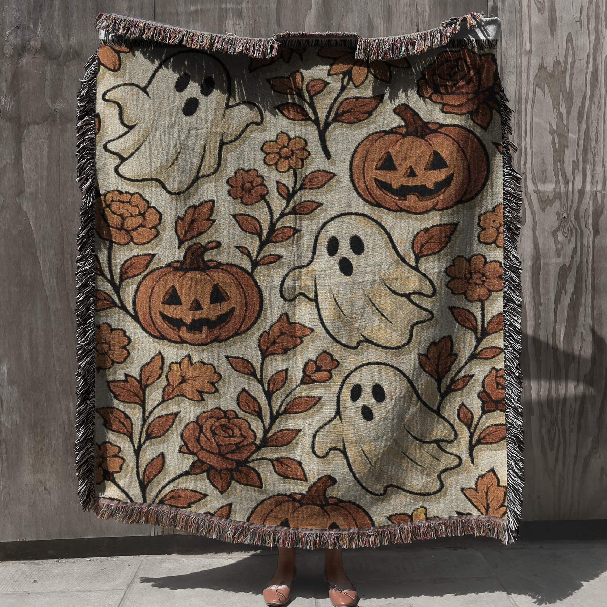 Ghost Pumpkin Halloween Woven Blanket Throw | Cozy Vintage Floral Fringe Tapestry Fall Decor