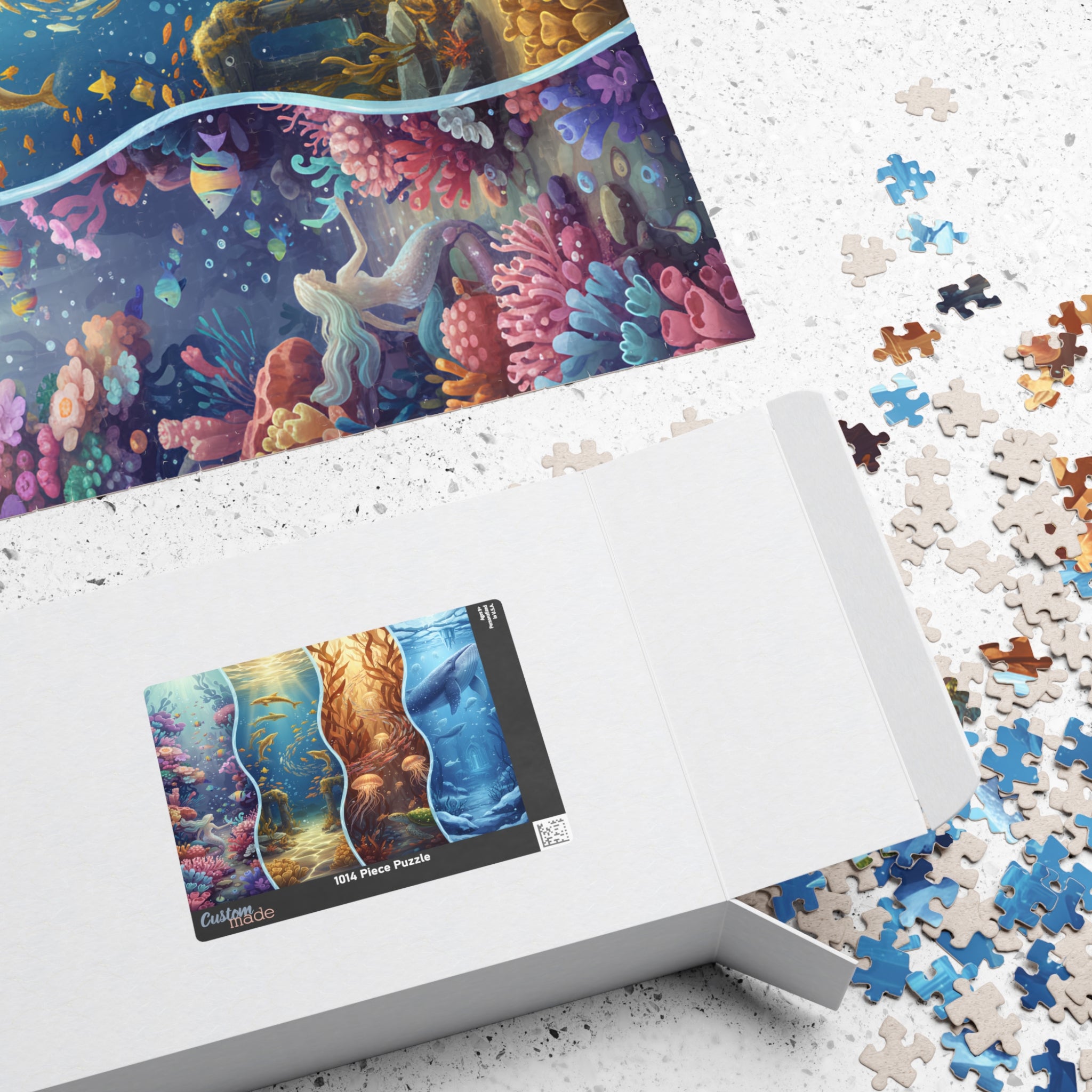 Jigsaw puzzle with an underwater scene, partially completed, in a box. mindful marine life jigsaw activity, colorful reef and ocean fish puzzle