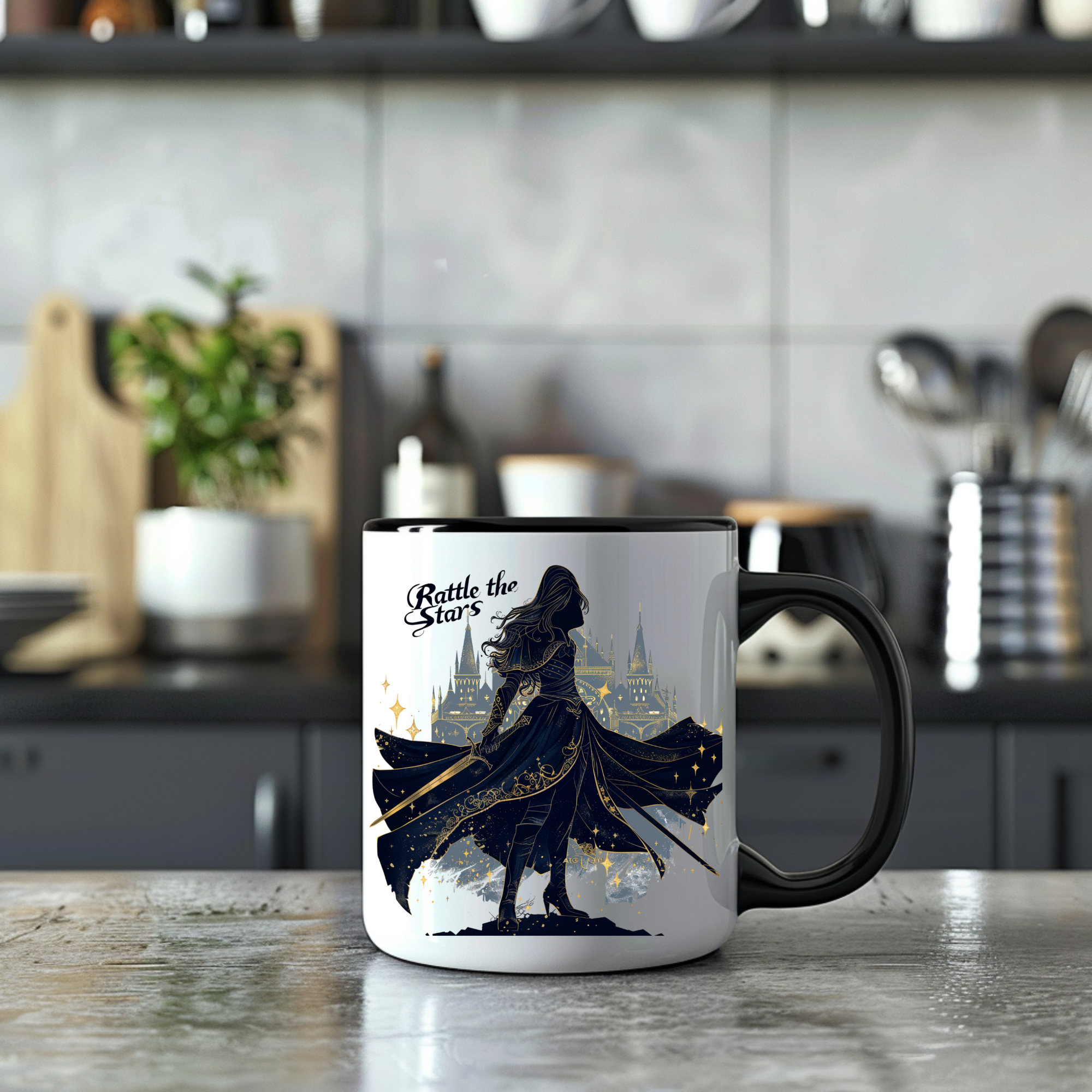 magical morning coffee mug for bookworms, empowering fantasy quote mug design, glossy white mug with black handle