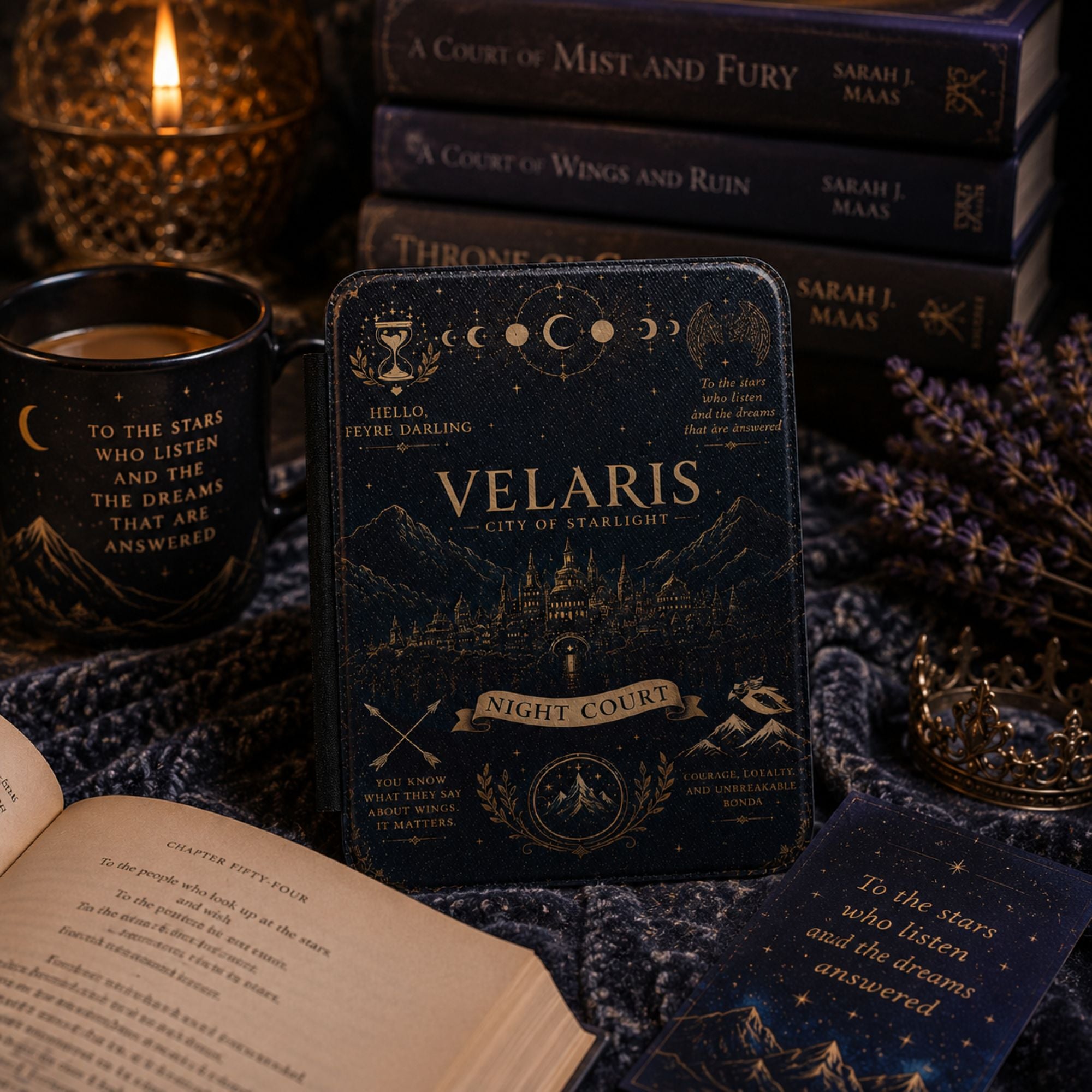 ACOTAR inspired Kindle case beside coffee, an open paperback, and dried lavender sprigs
