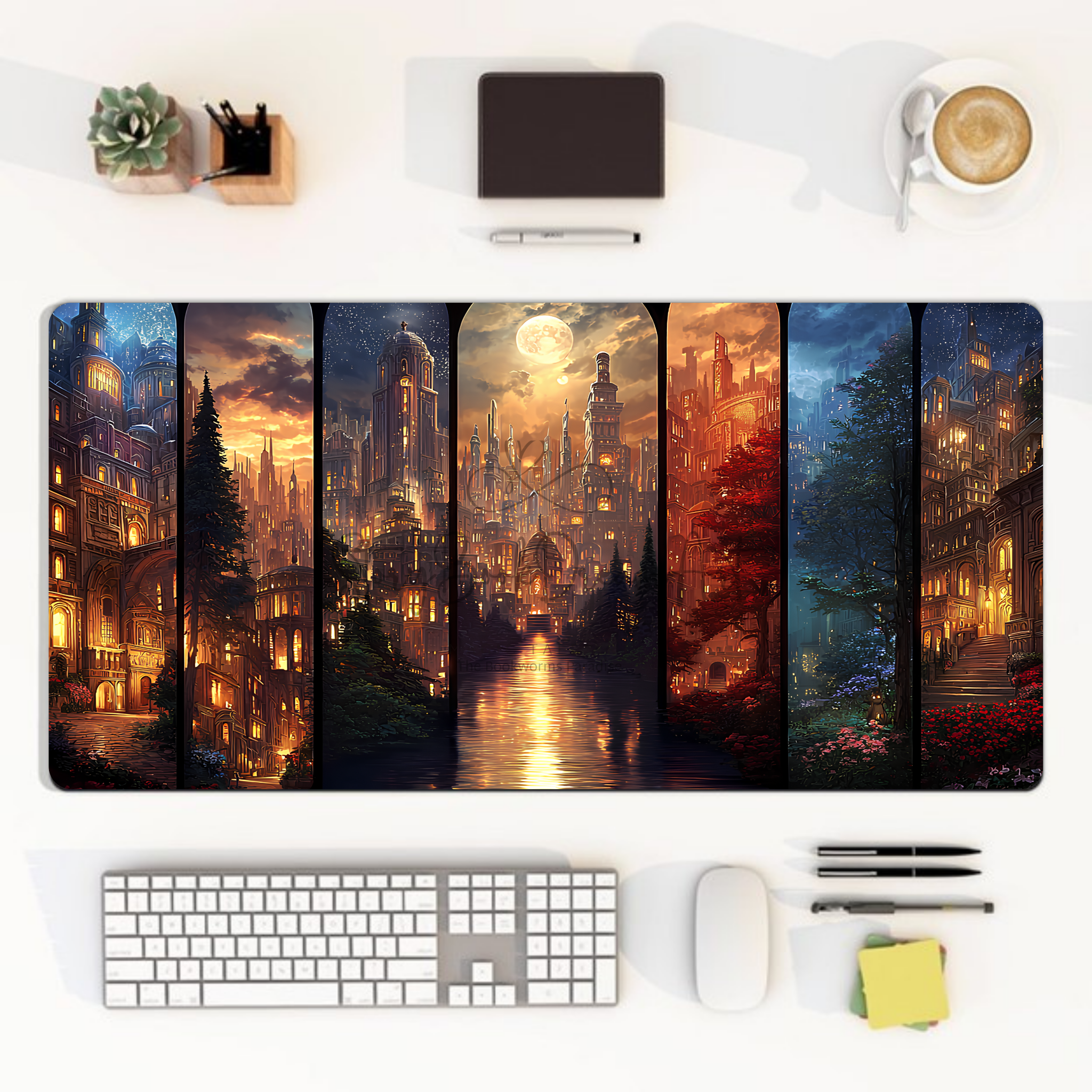 fantasy Crescent City desk mat with nightscape artwork, large gaming mouse pad with dreamy city design, oversized desk mat for readers and gamers