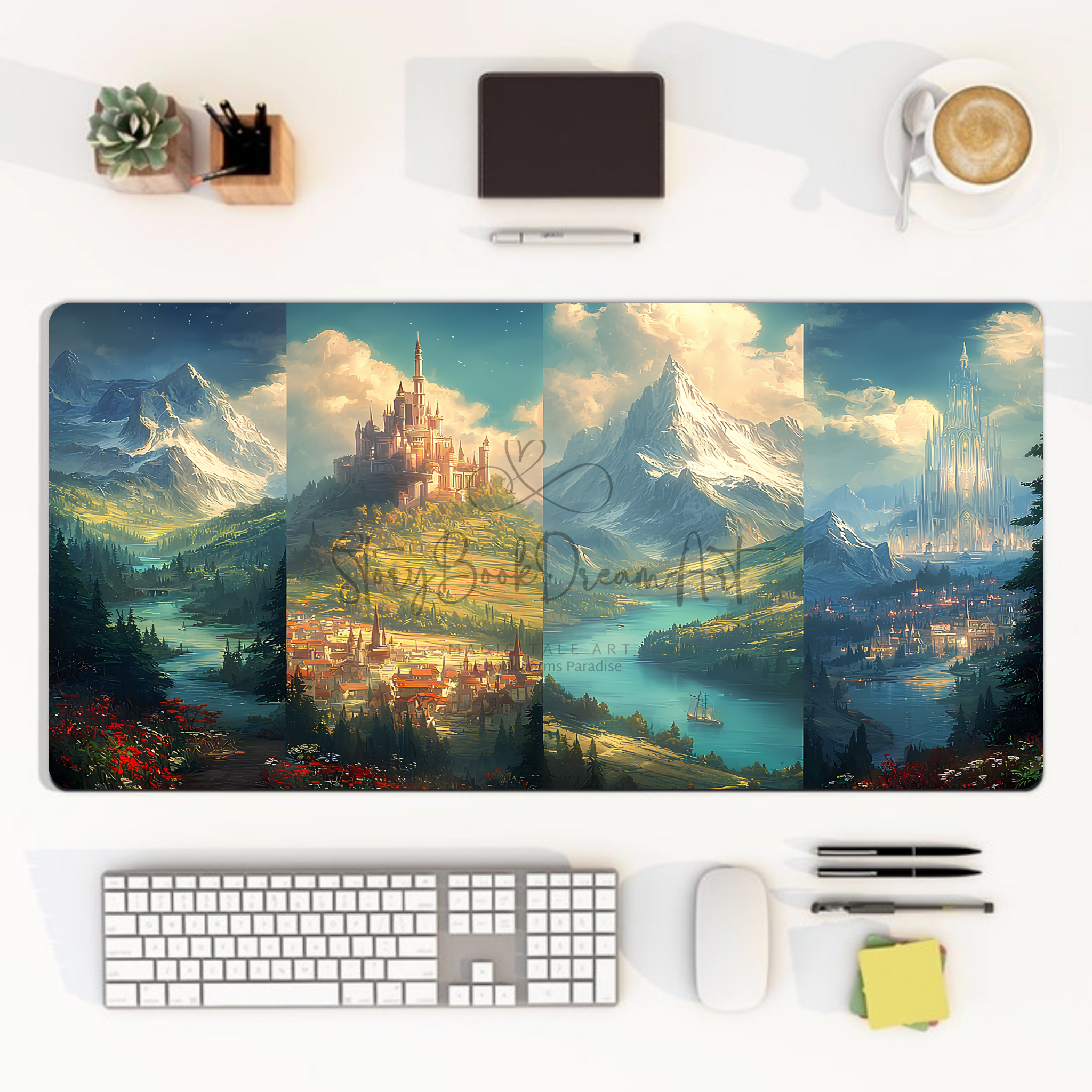 fantasy castle desk mat for readers, large gaming mouse pad with dreamy landscape