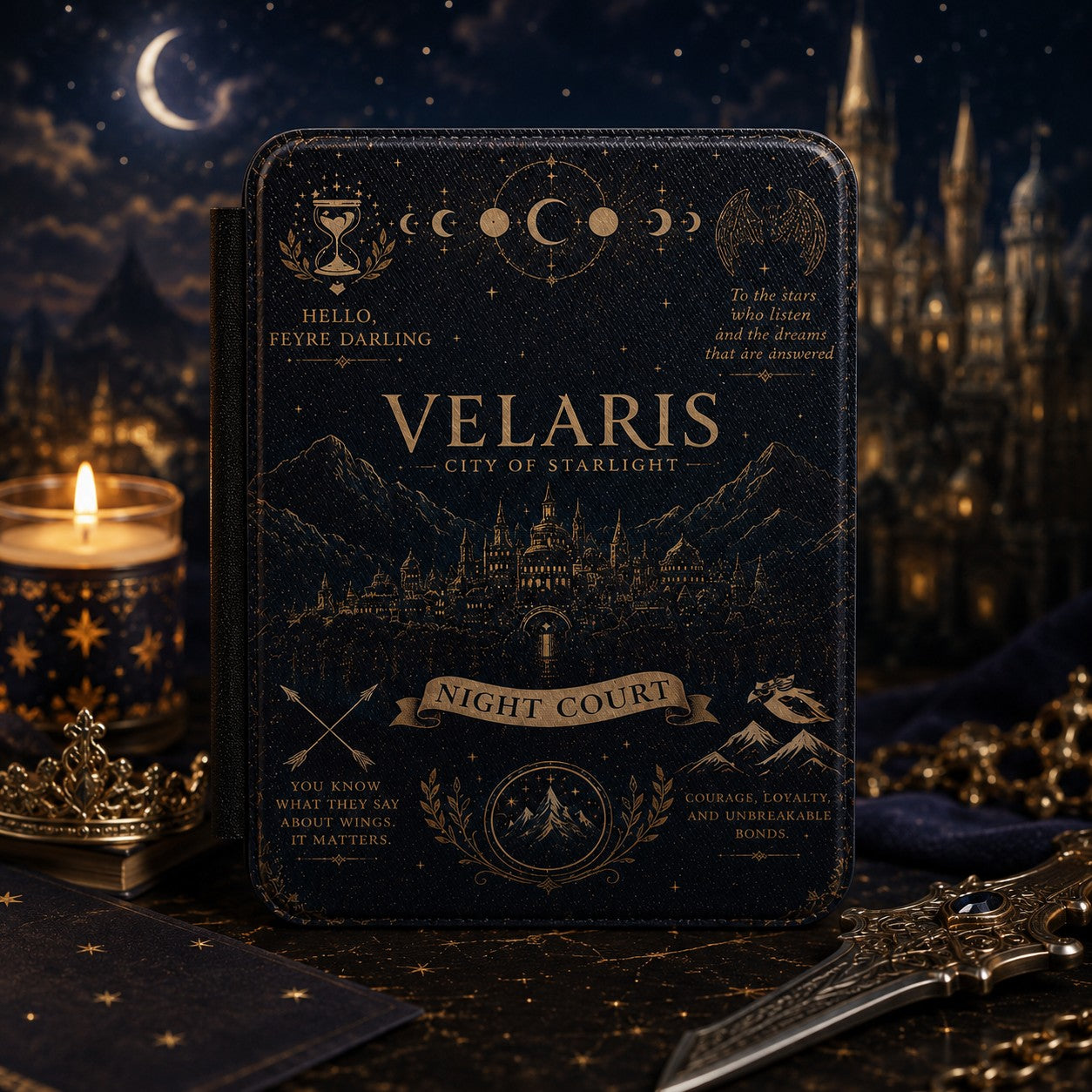 Night Court Kindle case standing before a moonlit castle skyline with candlelight and a dagger

