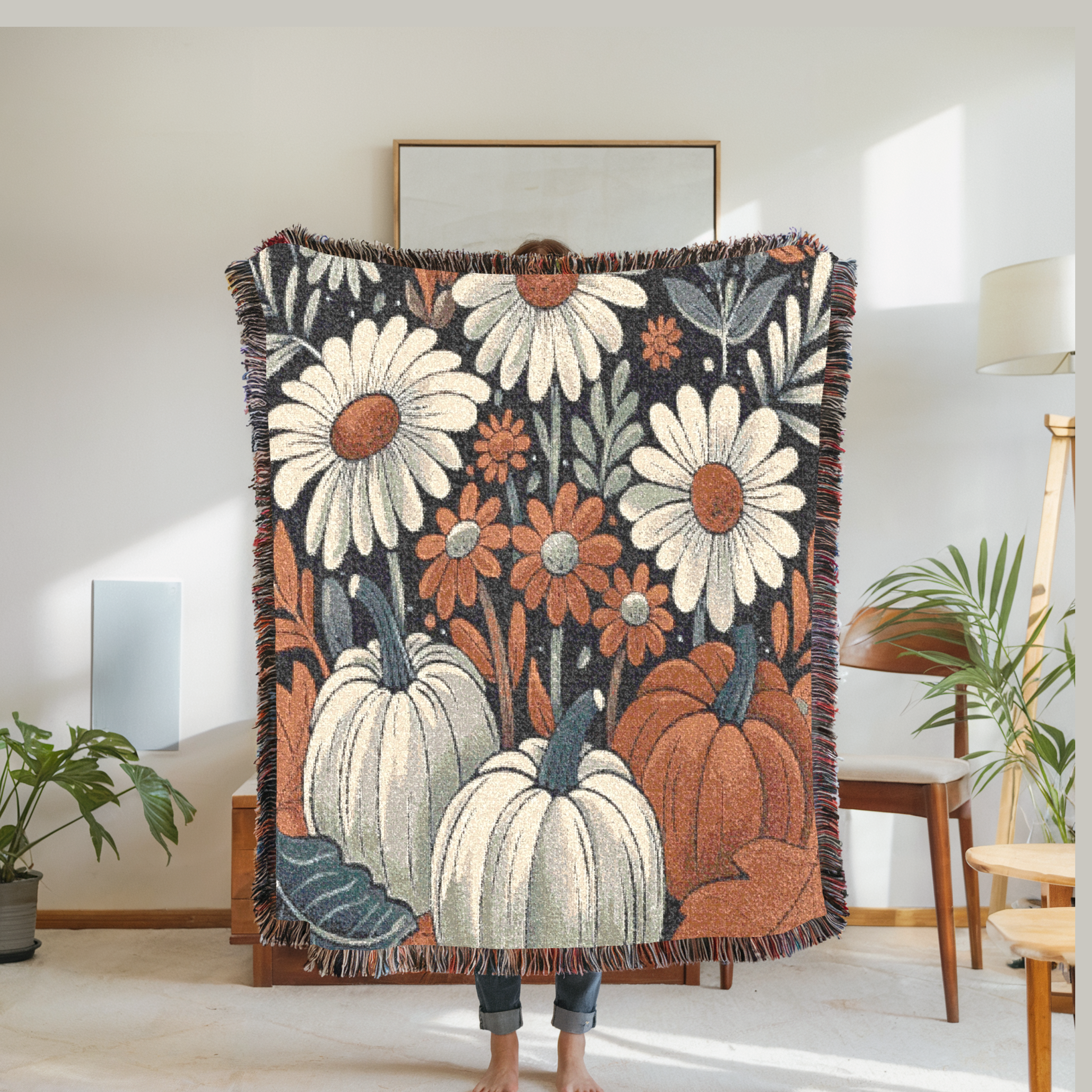 Pumpkin & Daisy Woven Throw Blanket – Cozy Autumn Harvest Farmhouse Fall Decor | Rustic Floral Tapestry