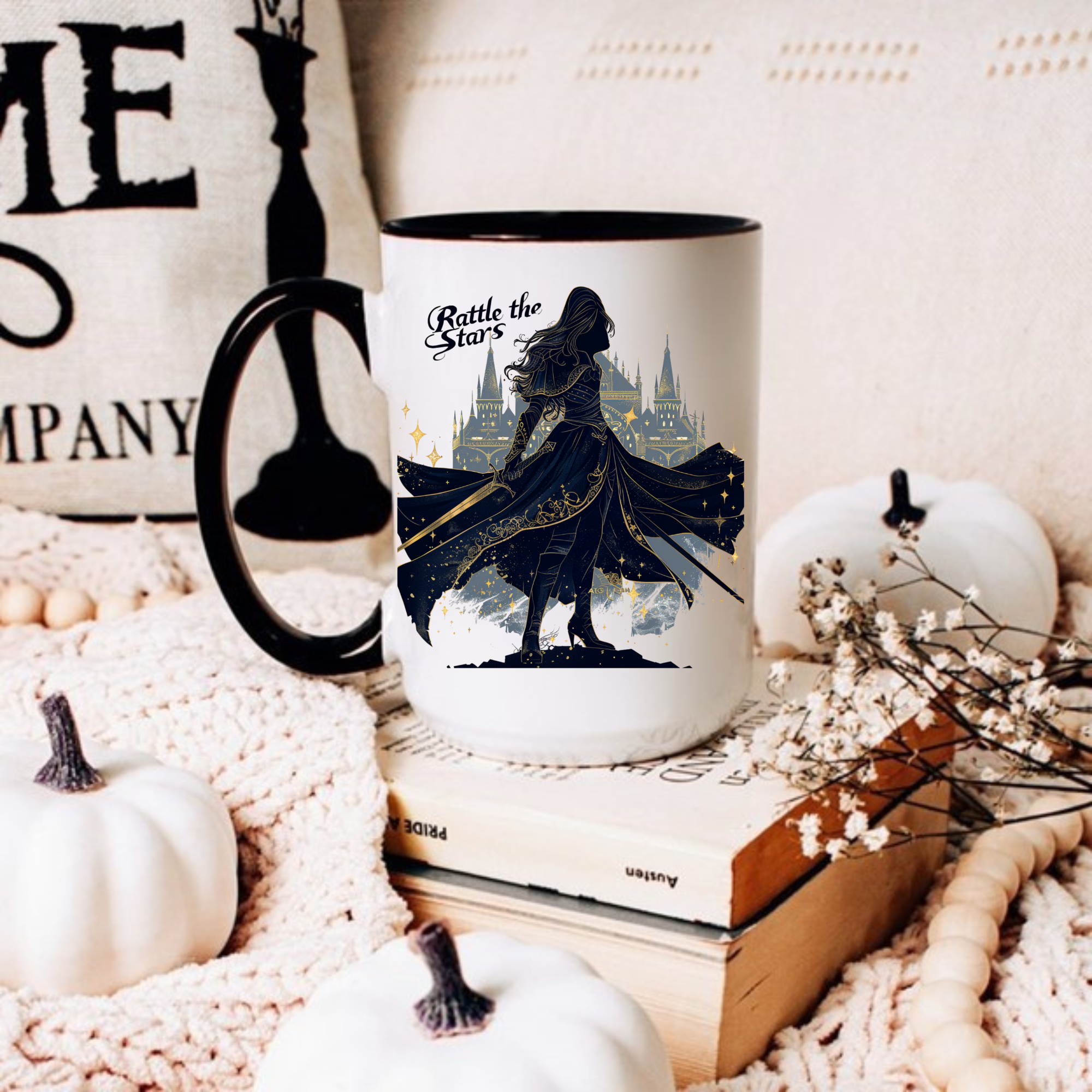 gold and navy bookish coffee mug, throne of glass inspired tea cup, cozy reading corner mug