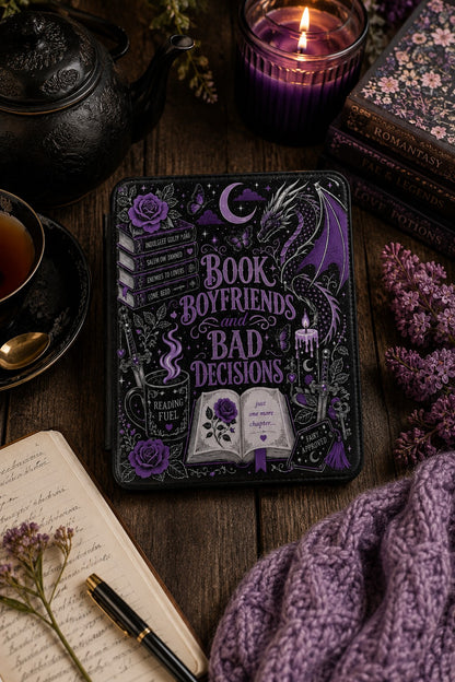 Kindle case resting on a moonlit windowsill beside candlelight, evoking a late-night reading session