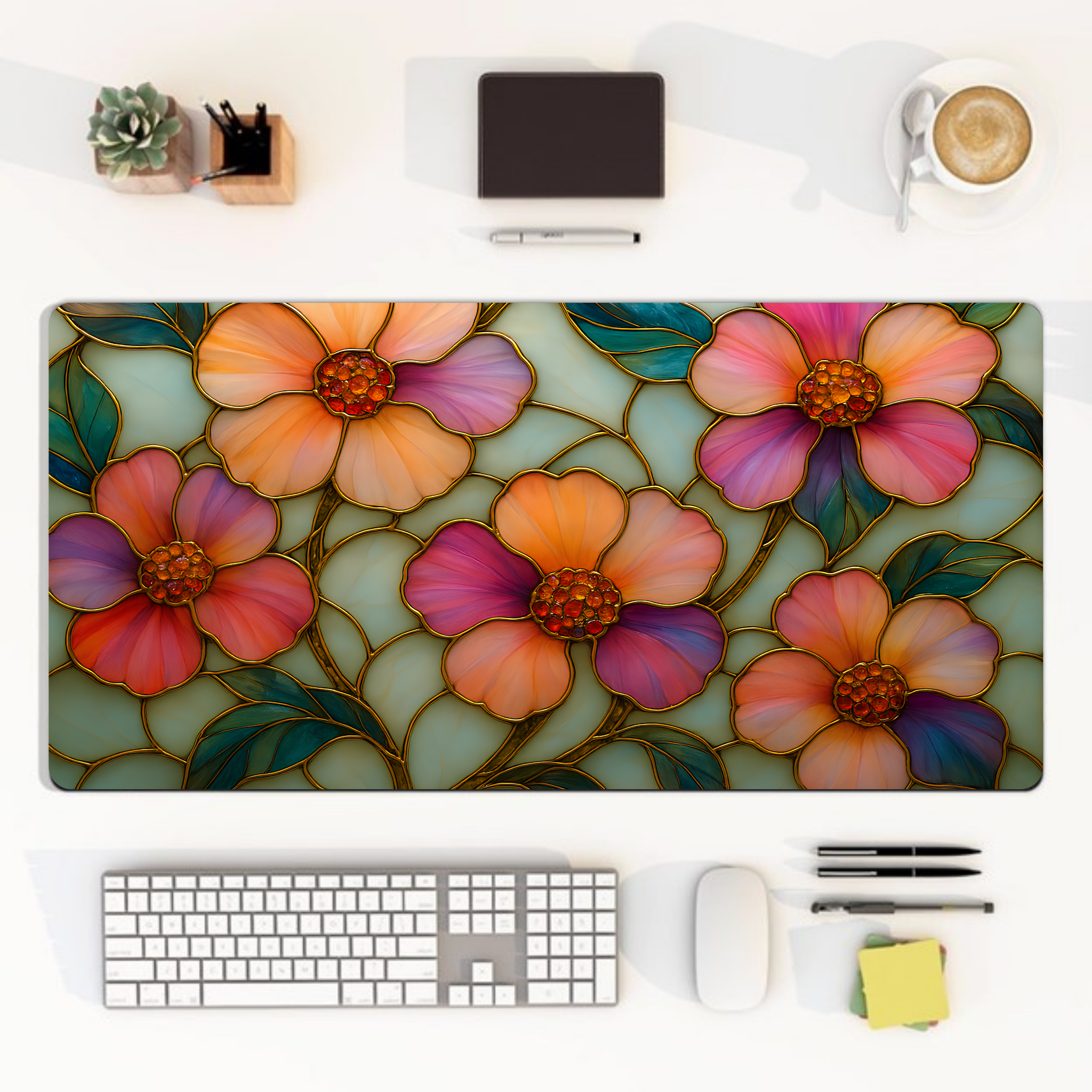 Wildflower Desk Mat Mousepad | Faux Stained Glass Floral Office Decor | Large Artistic Gaming Pad