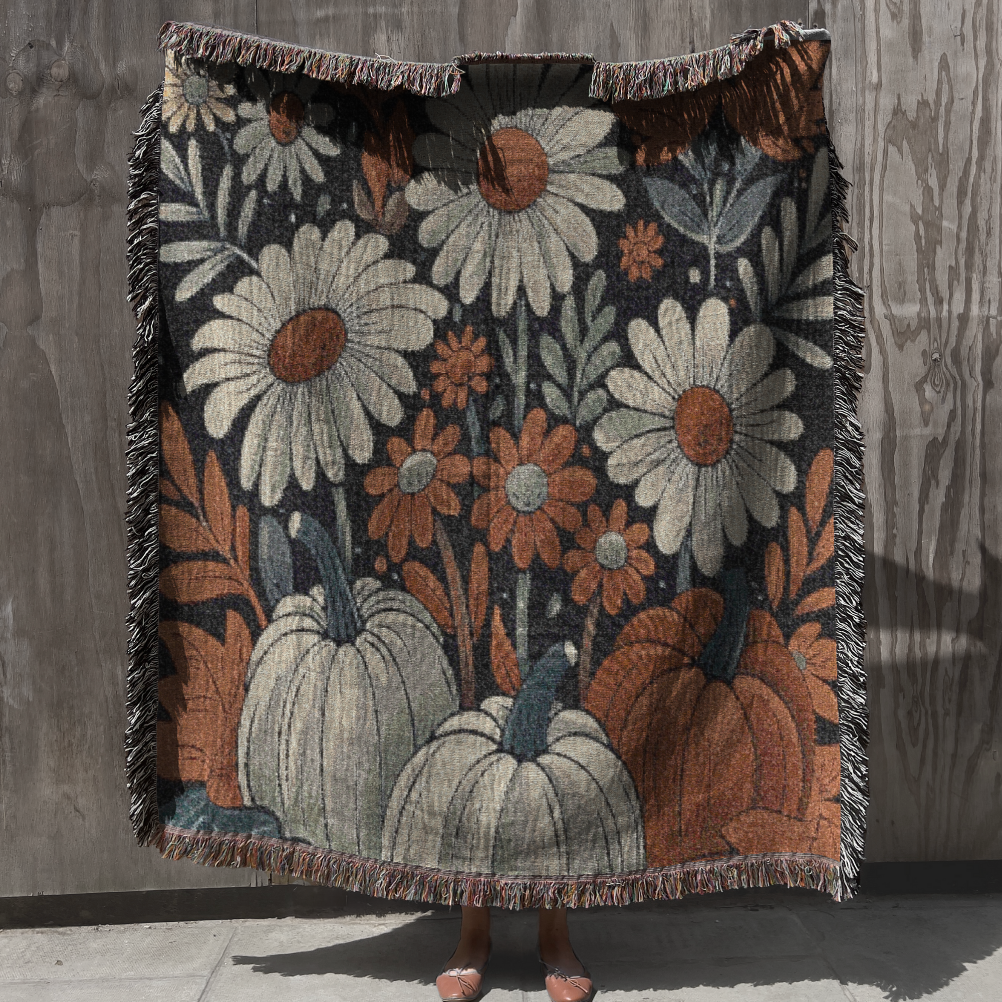 Thanksgiving farmhouse decor blanket with pumpkins,
rustic pumpkin daisy cotton woven throw blanket,
fall harvest tapestry blanket farmhouse style